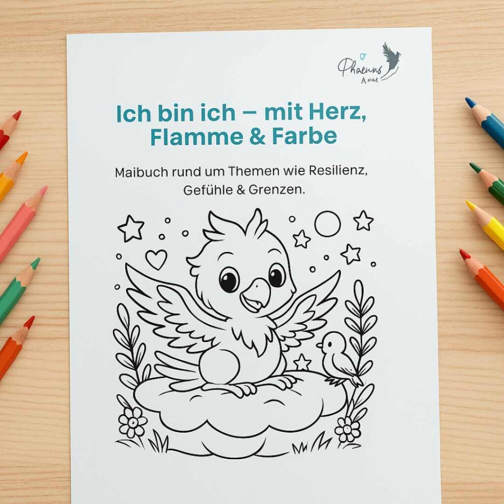 Titelbild des Malbuchs "Ich bin ich - mit Herz, Flamme und Farbe"