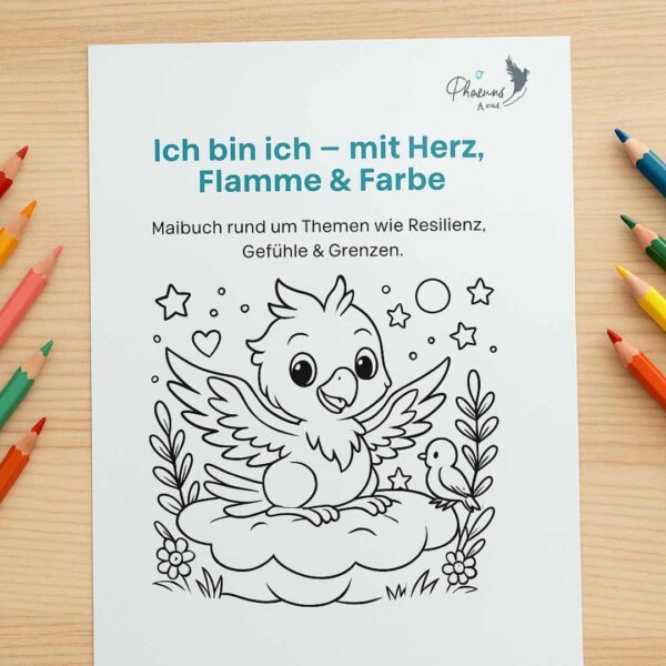 Titelbild des Malbuchs "Ich bin ich - mit Herz, Flamme und Farbe"
